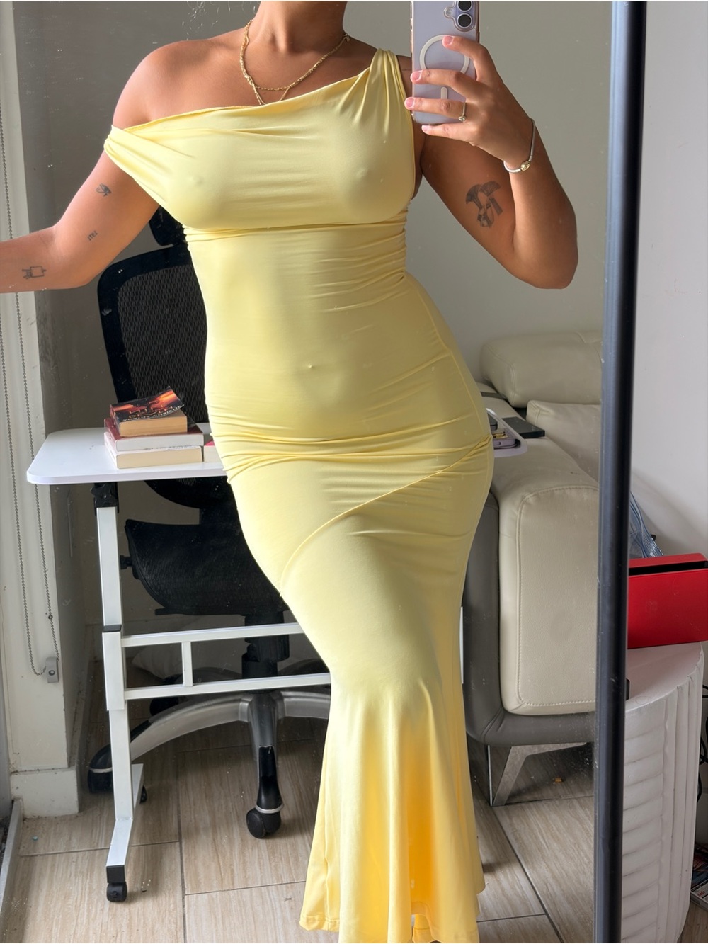 Off-Shoulder Yellow Stretch Maxi Dress - it’s a little see through